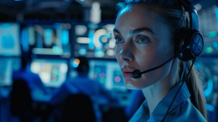 A woman wearing a headset is looking at a computer screen