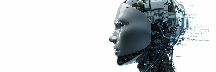 Leinwandbilder - A 3D rendering of a futuristic robot head with a digital brain engine visible inside, isolated on a white background with clipping path. Generative AI
