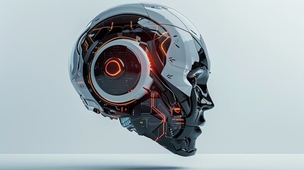 Leinwandbilder - A 3D rendering of an AI robot head with a digital brain engine inside, isolated on a white background. Generative AI