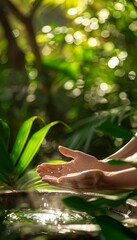 Wall Mural - Outdoor Hand Massage Therapy in Natural Light Surrounded by Lush Greenery and Peaceful Atmosphere