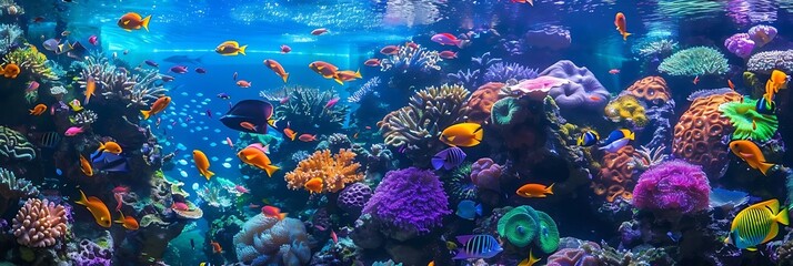 coral reef with a variety of colorful fish, including orange, yellow, blue, and purple varieties, as well as a purple flower