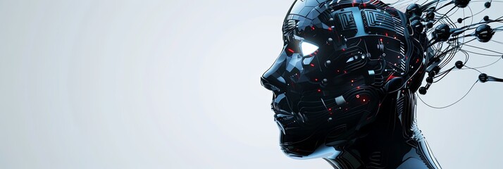 Leinwandbilder - A 3D rendering of a robot head with a digital brain engine inside, isolated on a white background with clipping path. Generative AI