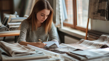 Young woman with fabric samples for curtains at table