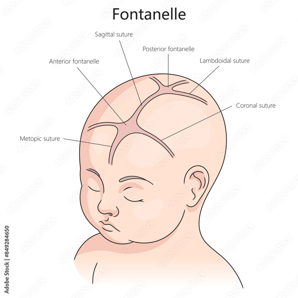 fontanelle and sutures in an infant's skull, including anterior and