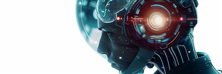 Leinwandbilder - A 3D render of a robots head with a digital brain engine inside. The head is isolated against a white background. Generative AI
