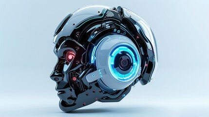 Leinwandbilder - A 3D rendering of an artificial intelligence robot head with a digital brain engine, isolated on a white background. The head is black and white with glowing blue and red lights. Generative AI
