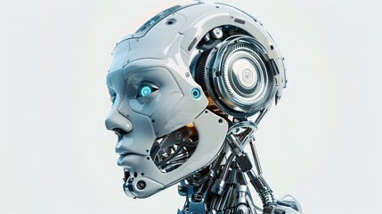 Leinwandbilder - A 3D rendered image of a white AI robot head with a digital graphic brain engine inside, isolated on a white background. Generative AI