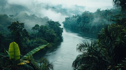 Wall Mural - View of a river surrounded by thick jungle vegetation