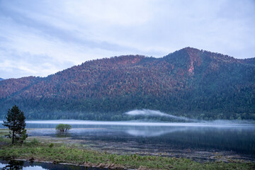 Wall Mural - summer panoramic landscape of mountains and forests and lakes against the sky in the area of ​​Lake Teletskoye in Altai