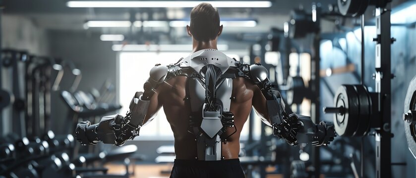 A man with a robotic exoskeleton working out in a modern gym, focusing on strength and durability with advanced technology.