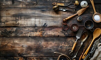 An artistic flat lay composition featuring an assortment of vintage culinary utensils arranged on a rustic wooden table, with plenty of negative space for your customizable text overlay