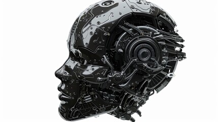 Leinwandbilder - A 3D rendering of an AI robot head with a digital graphic brain engine inside, isolated on a white background with clipping path. Generative AI