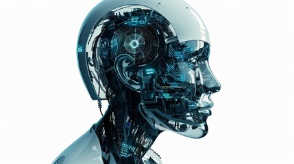 Leinwandbilder - A 3D rendering of an AI robot head with a transparent digital brain engine. The robots head is white and the brain is blue with glowing digital components. Generative AI