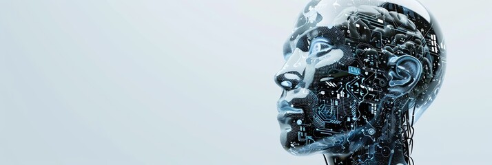 Leinwandbilder - A 3D rendering of a transparent robot head with a digital graphic brain engine inside, isolated on a white background with a clipping path. Generative AI