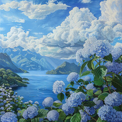 blue flowers on the background of the sea and mountains painting