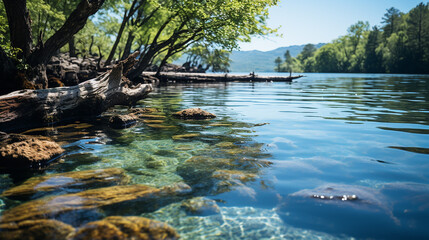 Wooden laying on blue water. Plitvice lakes Croatia