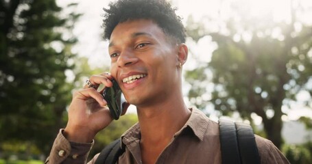 Sticker - Happy man, student and walking with phone call at park for conversation, communication or outdoor chat. Young male person talking on mobile smartphone with smile for friendly discussion in nature