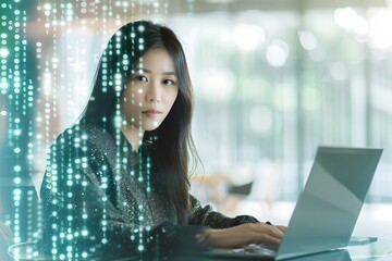 asian woman programmer working on laptop with digital code overlay in modern office. cybersecurity a