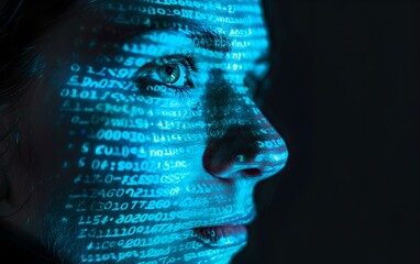 Wall Mural - close-up of woman programmer with digital binary code reflection in glasses. cybersecurity and progr