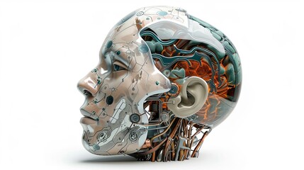 Leinwandbilder - A 3D rendering of an AI robot head with a digital graphic brain engine visible inside. Isolated on a white background with clipping path. Generative AI