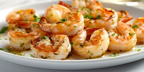 Wall Mural - Buttery garlic shrimp scampi with white wine on a plate. Concept Garlic Shrimp Scampi, Seafood Delight, White Wine Pairing, Gourmet Recipe, Elegant Presentation