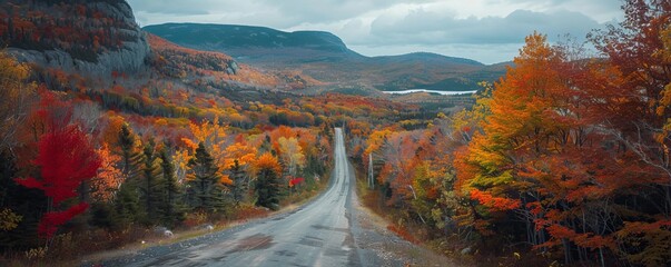 Wall Mural - Fall foliage road trip through scenic mountains, colorful leaves and winding roads, 4K hyperrealistic photo.