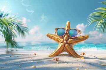 tropical beach with starfish wearing sunglasses fun 3d summer illustration on blue background