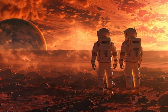 two astronauts standing on mars surface exploring the red planet science fiction digital illustration