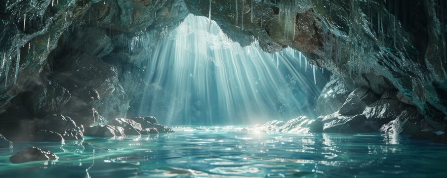 Dramatic sea cave with sunlight filtering through the water, creating a magical atmosphere, 4K hyperrealistic photo