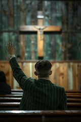 Wall Mural - A man was sitting in a church pew, raising his arms and praying to God