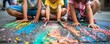 © Настя Шевчук - Kids playing with chalk for National Coloring Day, September 2nd, creating colorful masterpieces on the sidewalk, 4K hyperrealistic photo.
