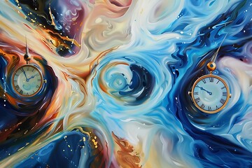 A painting that captures the fluidity of time, with hours and minutes swirling together