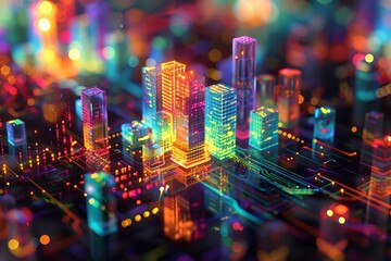 Wall Mural - This vibrant abstract illustration depicts a futuristic cityscape on a circuit board, making an excellent wallpaper or background for tech themes