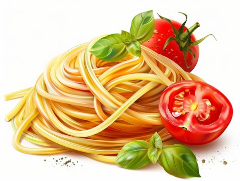 An illustration of pasta with ripe tomato and fresh basil leaves creates an abstract background with best-seller appeal for food lovers