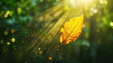 Leaf falling from the tree, receiving rays Leaves falling in autumn season background.
