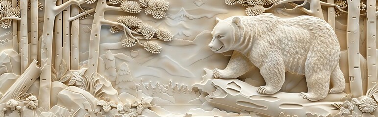 Beautiful bear 3d relief wallpaper. Mural wallpaper. Wall art. AI generated illustration.