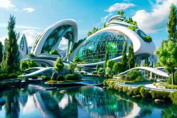 futurist building and green parks around