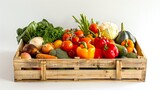 A wooden crate filled with a colorful assortment of fresh vegetables in a studio setting. This vibrant collection includes tomatoes, bell peppers, and kale. It showcases healthy eating
