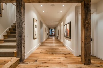 warm rustic corridor design with natural wood floors and white walls home interior photography