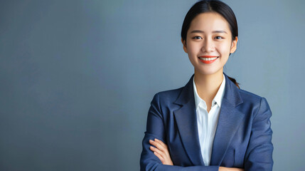 Wall Mural - Professional young businesswoman smiling with crossed arms on a gray background