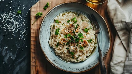 Wall Mural - delicious risoto in a plate at wooden table