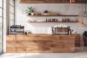 white cafe interior with wooden counter and modern decor