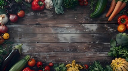 Wall Mural - various vegetables at wooden table, copy space at middle