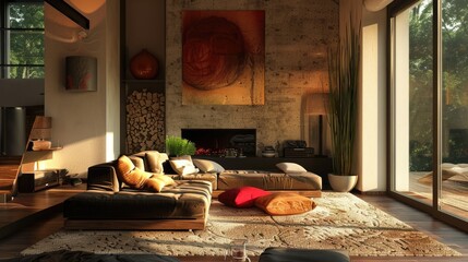 Wall Mural - Earthy hues and natural elements define this inviting living room, offering a peaceful sanctuary from the outside world