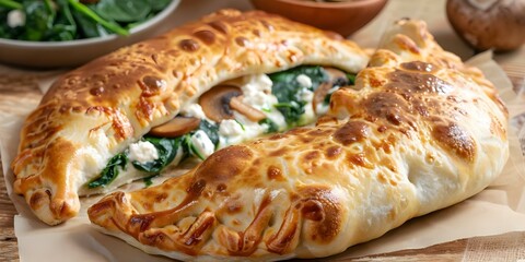Wall Mural - Vegetarian calzone with spinach ricotta mushrooms on rustic table setting. Concept Vegetarian Recipes, Calzone Variations, Spinach Ricotta Filling, Mushroom Dishes, Rustic Table Settings