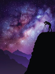 Poster - Woman with camera on cliff. Night photography. Milky Way, starry sky