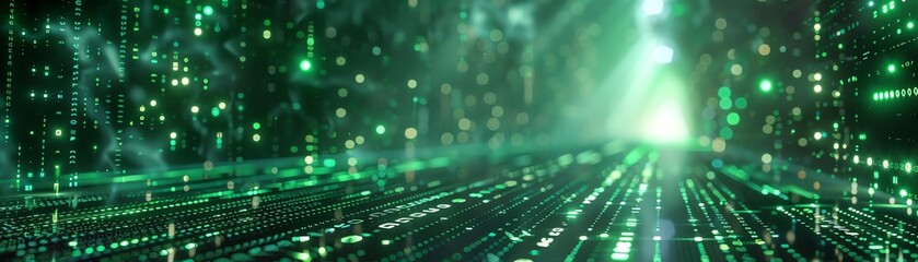 Digital matrix with glowing green code futuristic cyber scene depth of field
