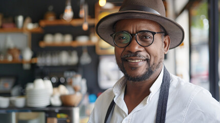 Wall Mural - Portrait of a smiling male cafe owner in glasses and a hat standing in his coffee shop