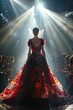 © Creative_Bringer - Model in floral gown walking runway, spotlight, fashion show audience