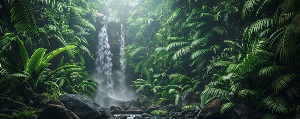 Lush rainforest canopy with a hidden waterfall cascading down the rocks, 4K hyperrealistic photo